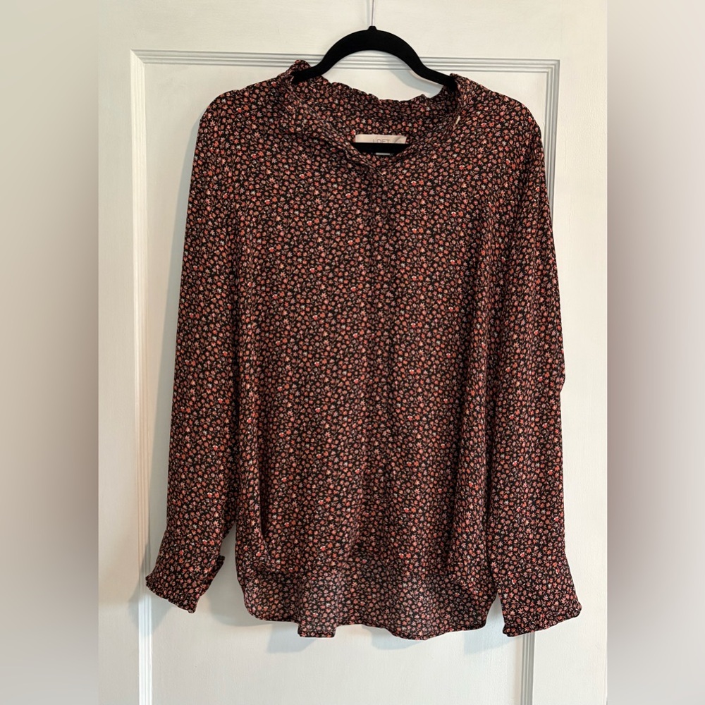 LOFT Black Floral Long-Sleeve Blouse Size Large